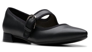 Black, leather Mary Jane shoe with a silver buckle and low block heel.
