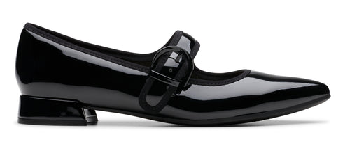 A patent black Mary Jane dress shoe with a buckle strap.