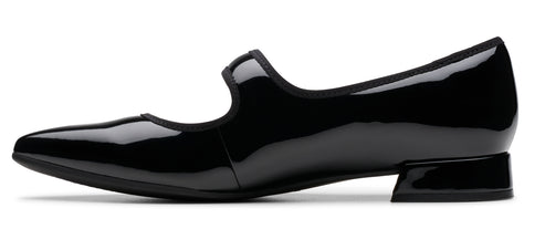 Black patent leather Mary Jane shoe with a low block heel.