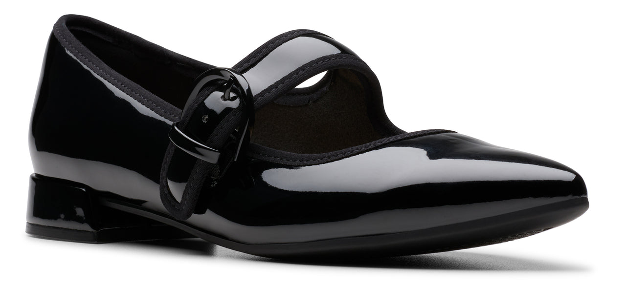 A black patent leather Mary Jane shoe with a buckle.