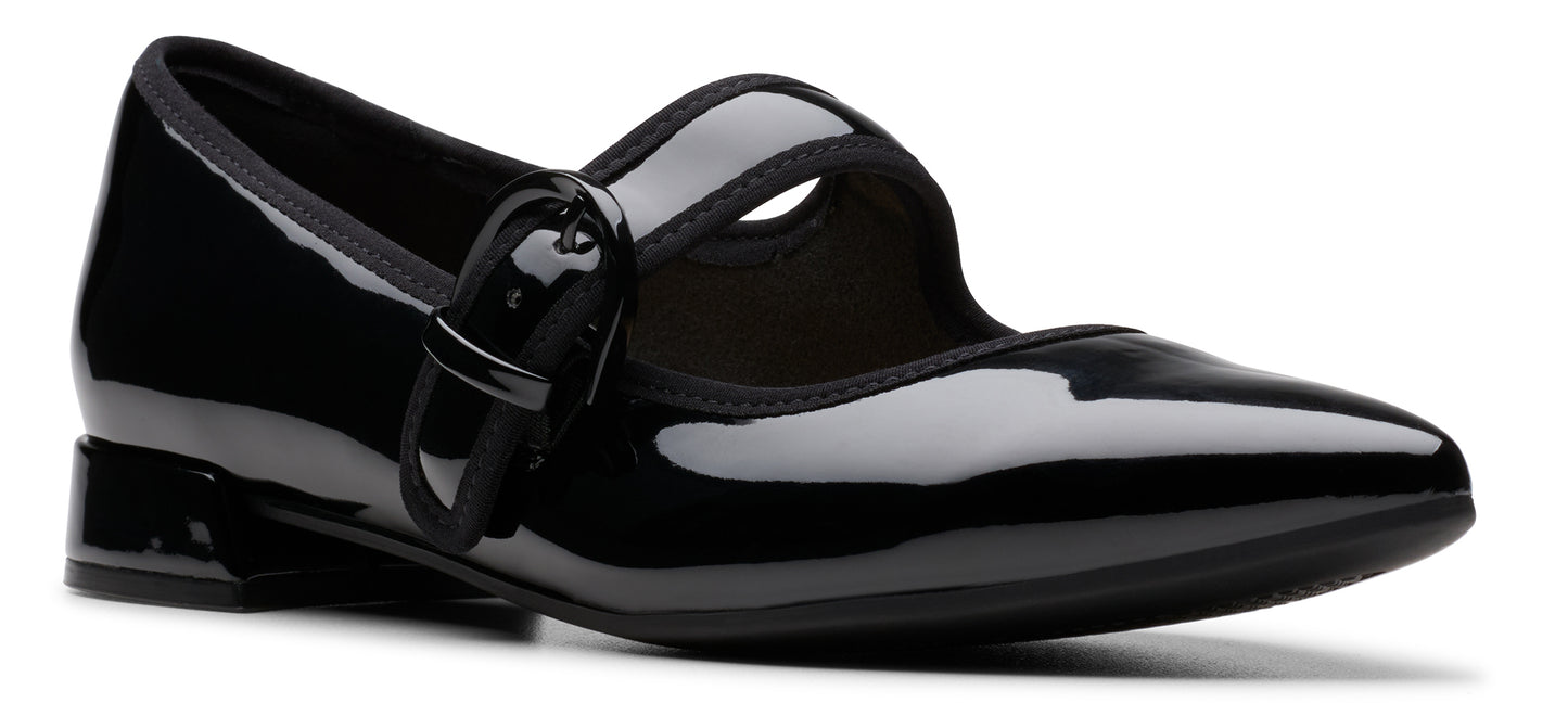 A black patent leather Mary Jane shoe with a buckle.