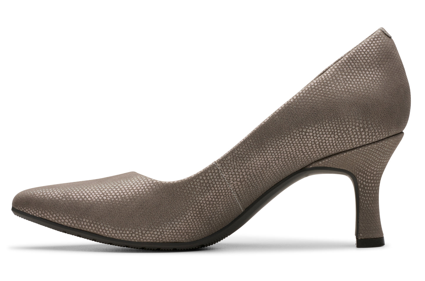 Gray snakeskin-print pointed-toe heel with a tapered heel
