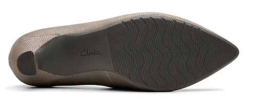 bottom view of a pointy-toe dress shoe with a low heel