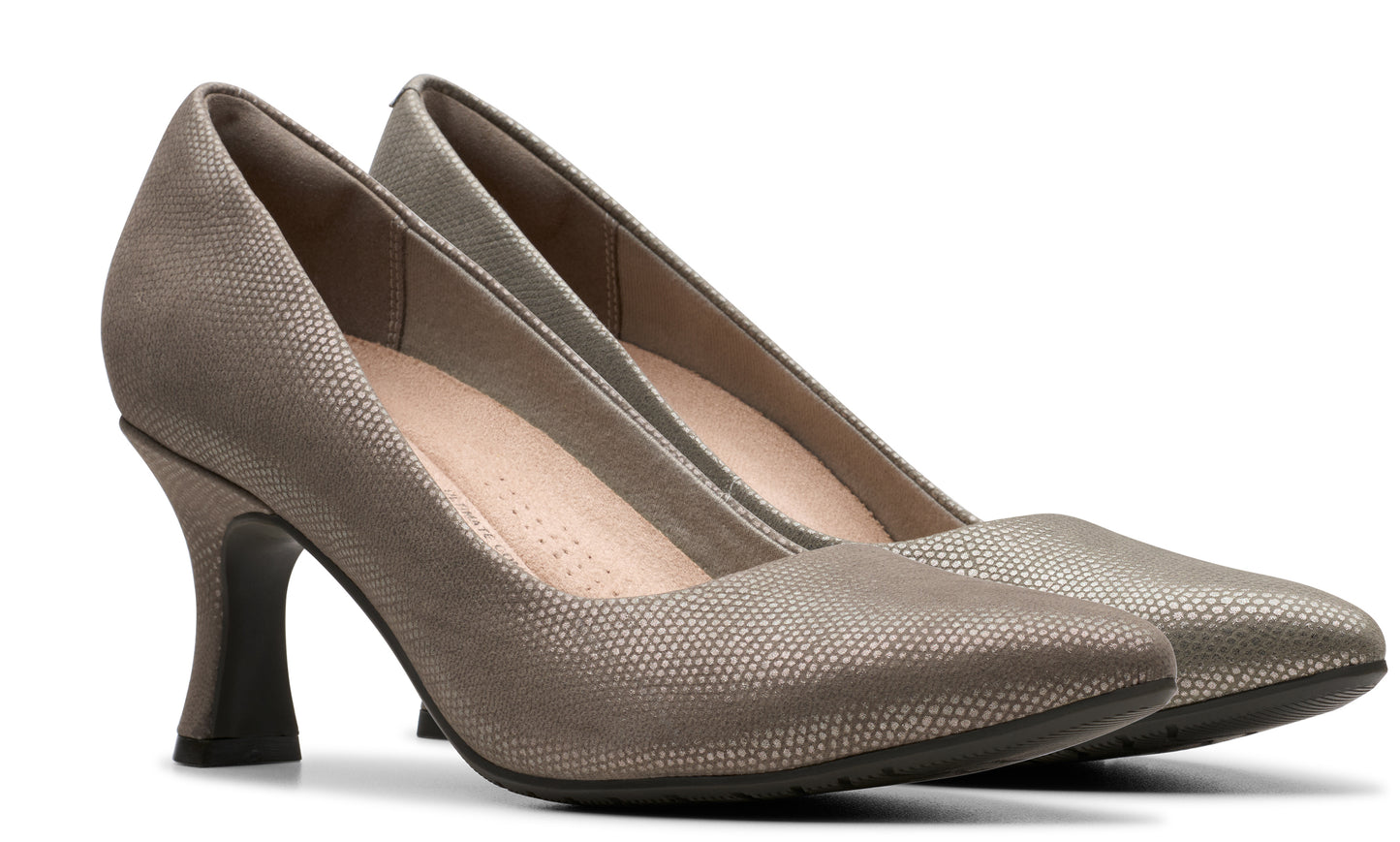 Pair of taupe leather pumps with a pointed toe and a curved heel.
