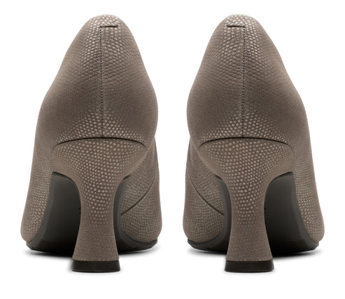 Pair of gray textured mid-heel pumps, back view.