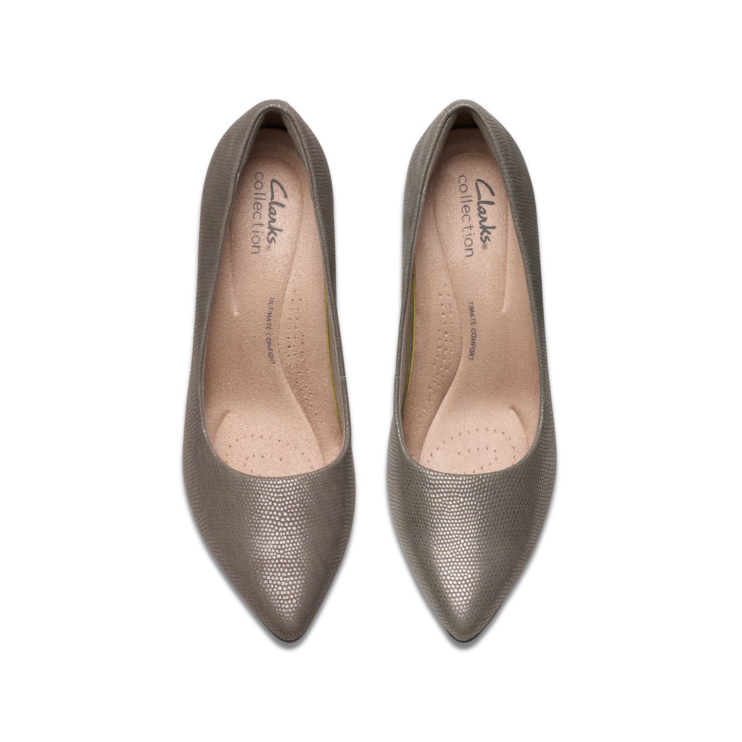 Pair of pointed-toe heeled pumps with interior padded insole.