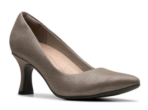 A bronze pump with a mid-height curved heel.