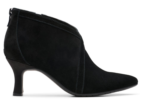 Black suede ankle boot with a pointed toe and a 2-inch heel.