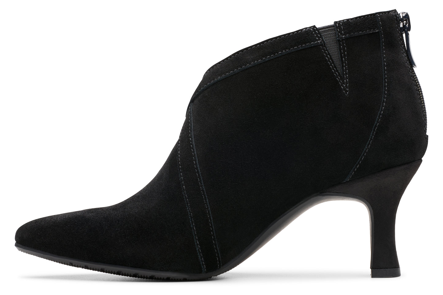 Black suede ankle boot with pointed toe and cone heel.