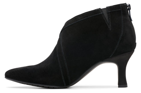 Black suede ankle boot with pointed toe and cone heel.