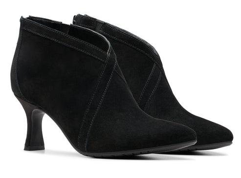 Pair of black suede ankle boots with pointed toes and flared heels.