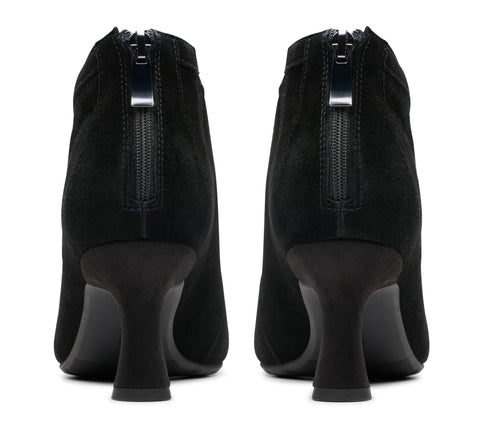 Pair of black suede ankle boots with zipper on the back of the heel.