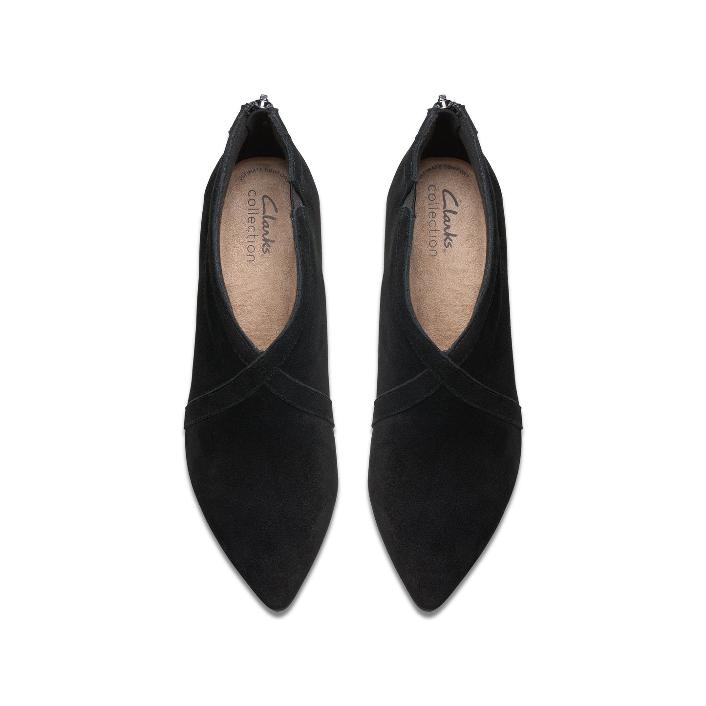 Overhead view of two pointed toe black suede high heels.