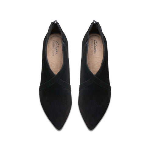 Overhead view of two pointed toe black suede high heels.