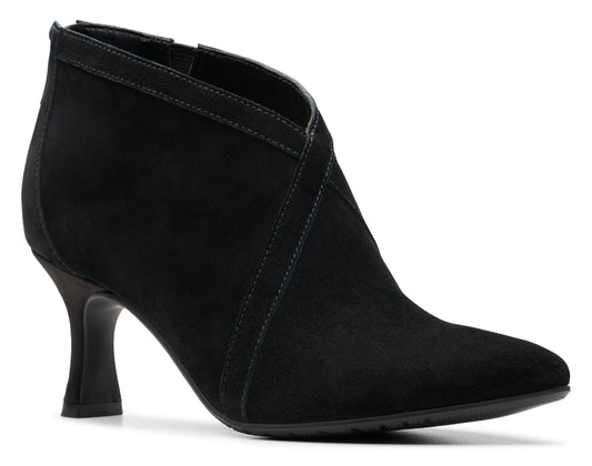 Black suede heeled ankle bootie with crisscross vamp.