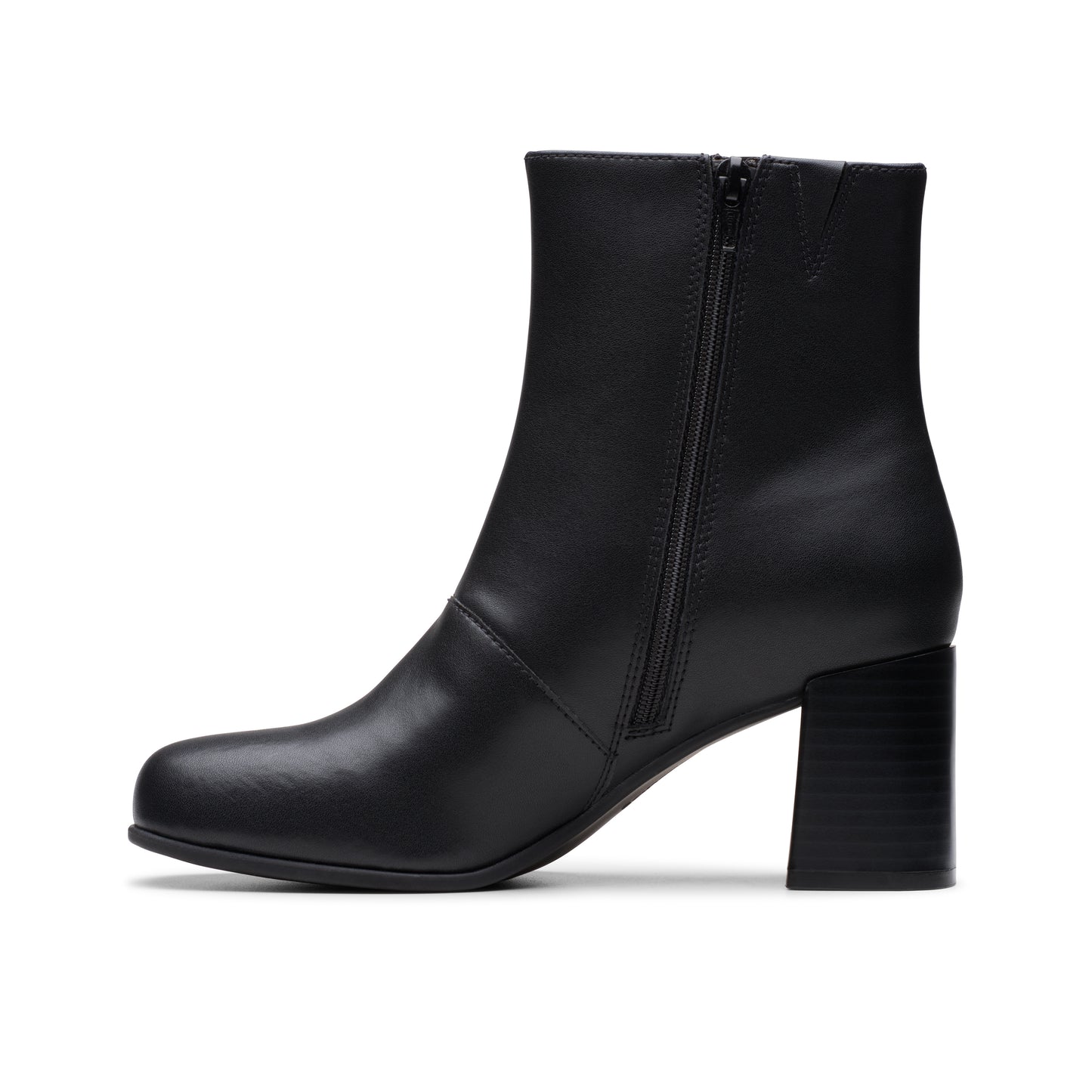 Black ankle boot with block heel and side zipper.