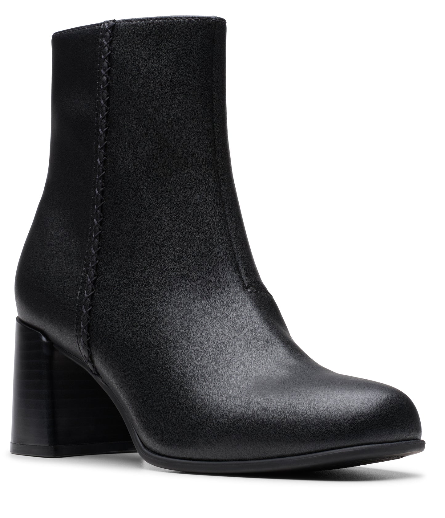 Black leather ankle boot with block heel and braided accent.