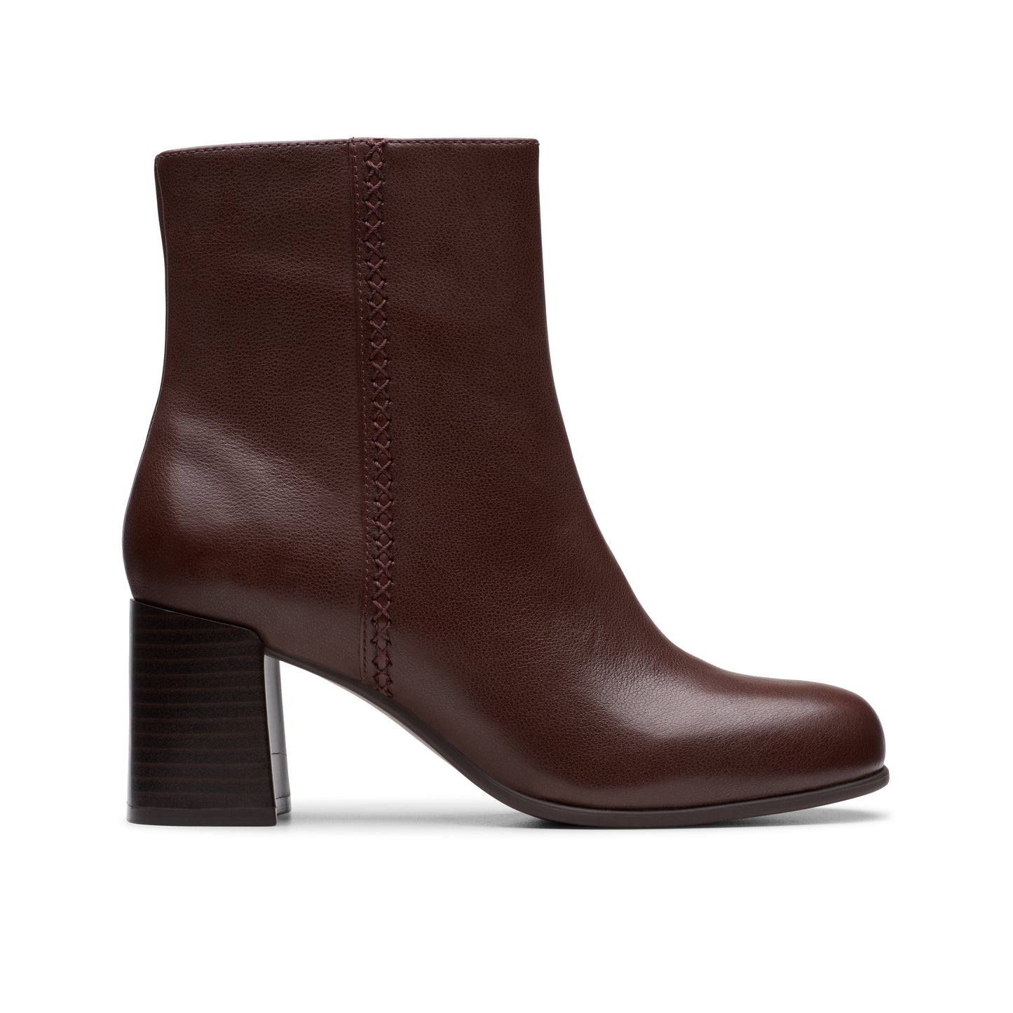 Brown leather boot with block heel.