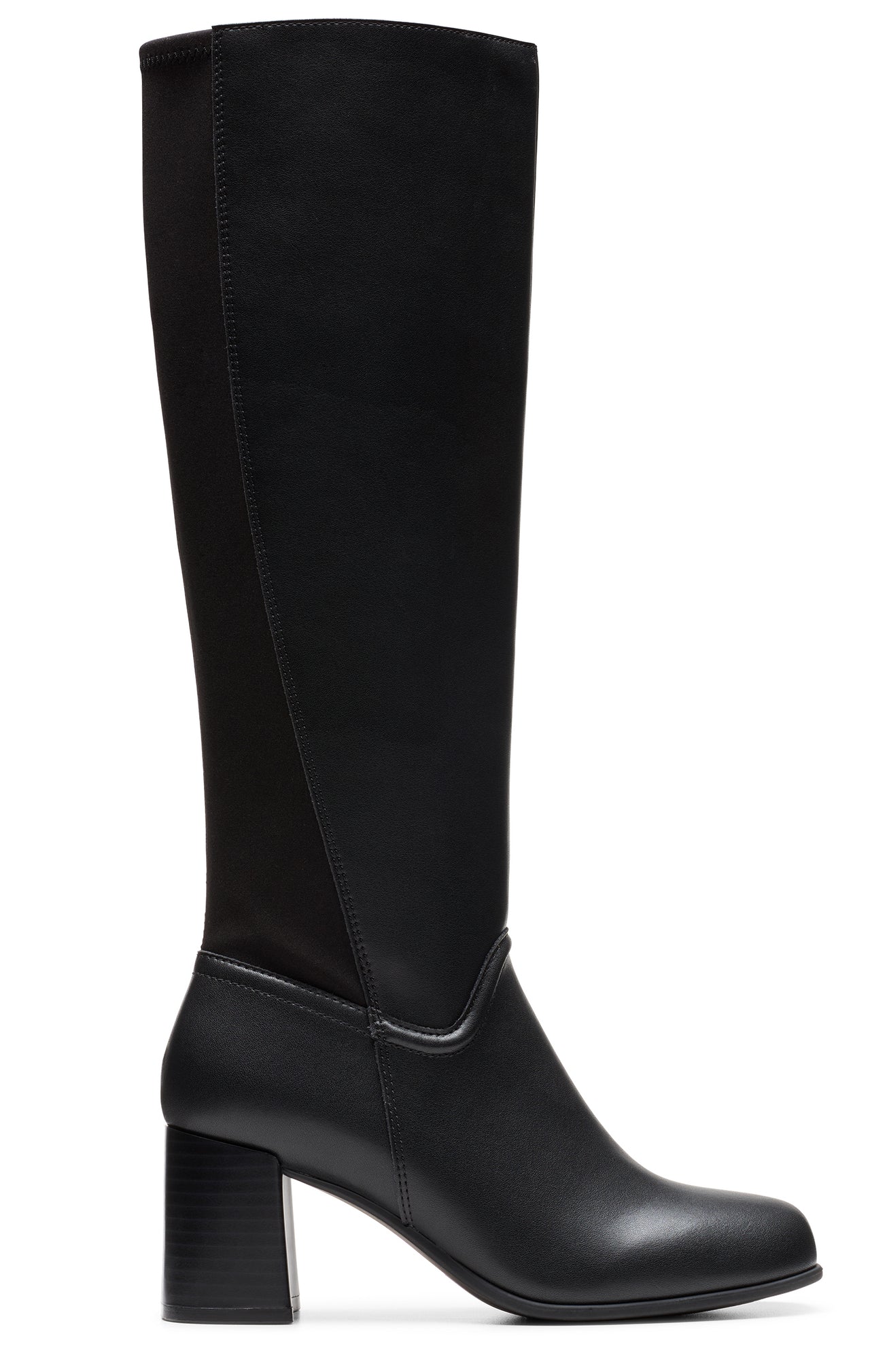 Knee-high black leather boot with a block heel.