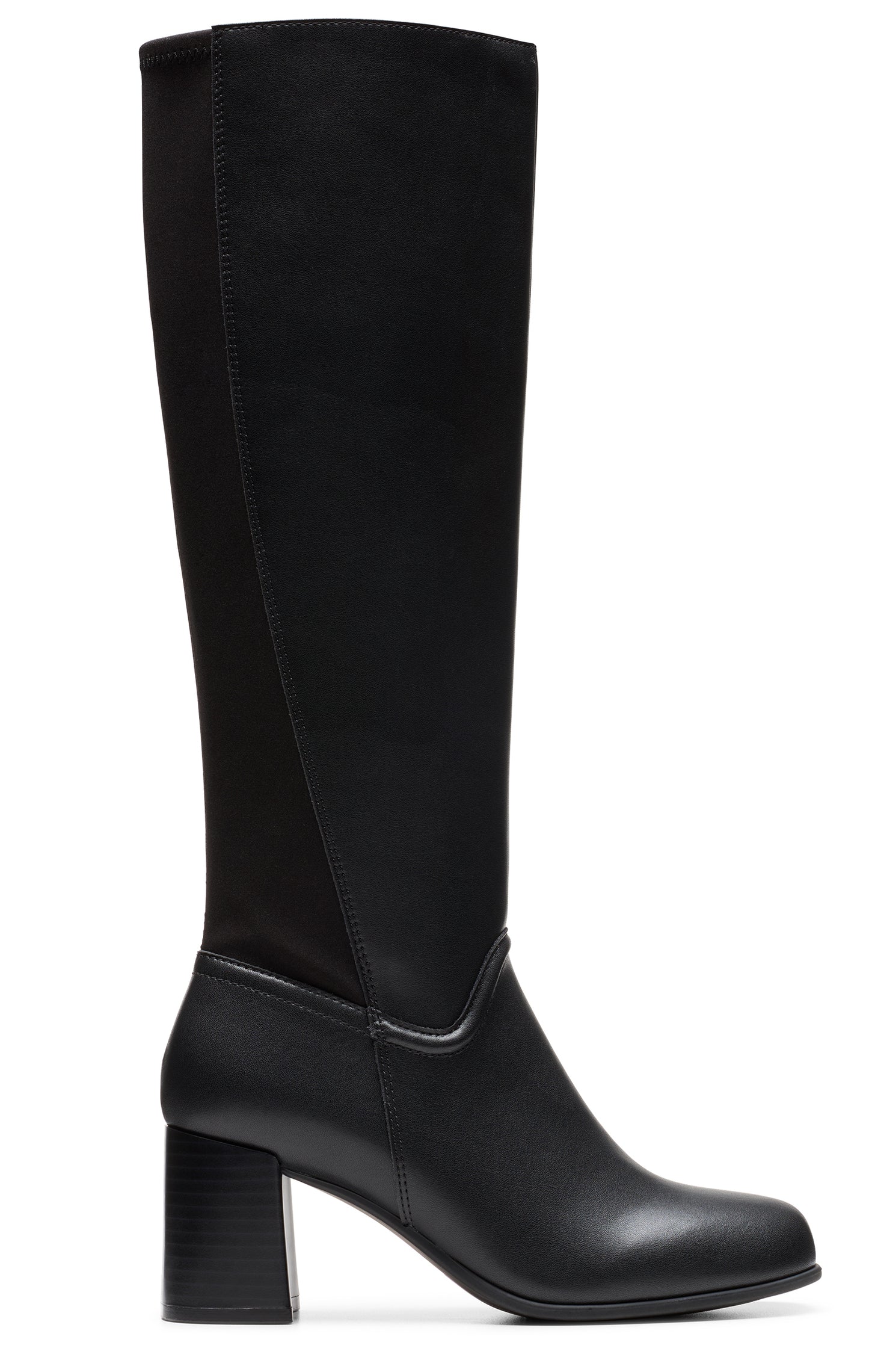 Knee-high black leather boot with a block heel.