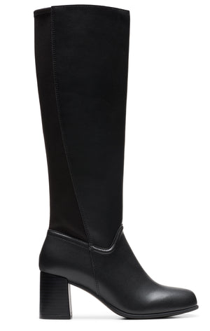 Knee-high black leather boot with a block heel.