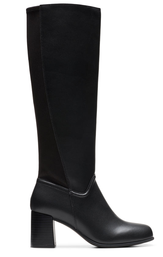 Knee-high black leather boot with a block heel.