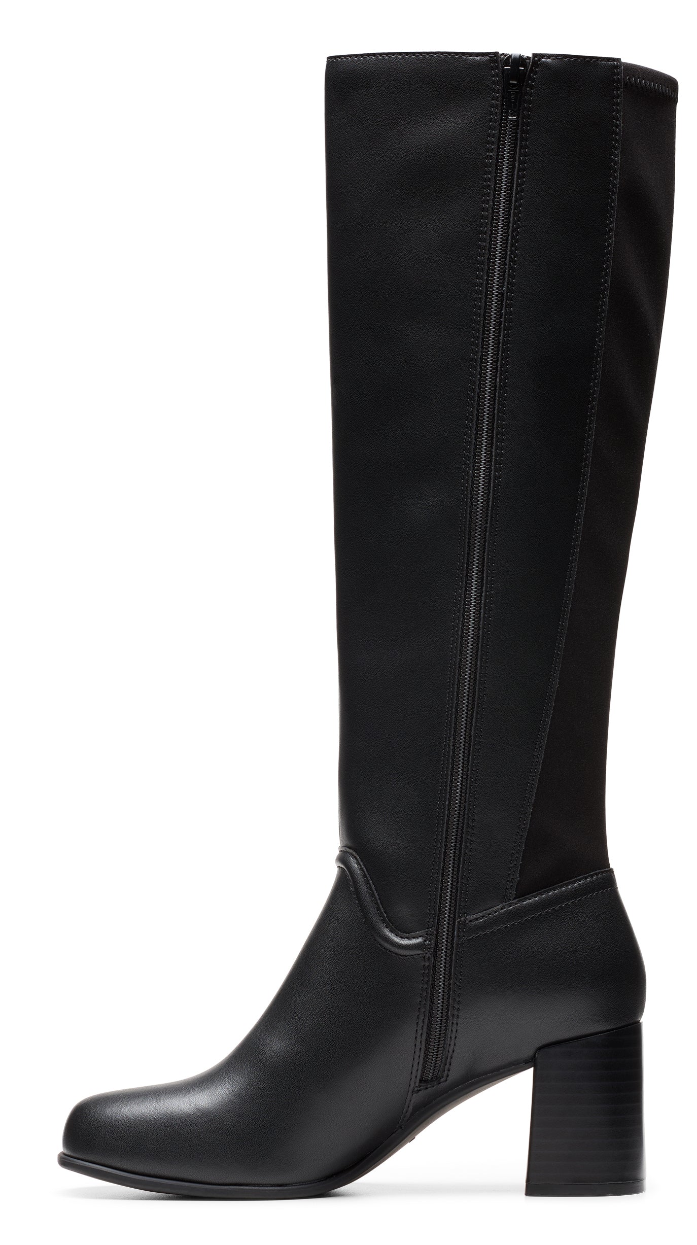 Black knee-high heeled boot with a side zipper.