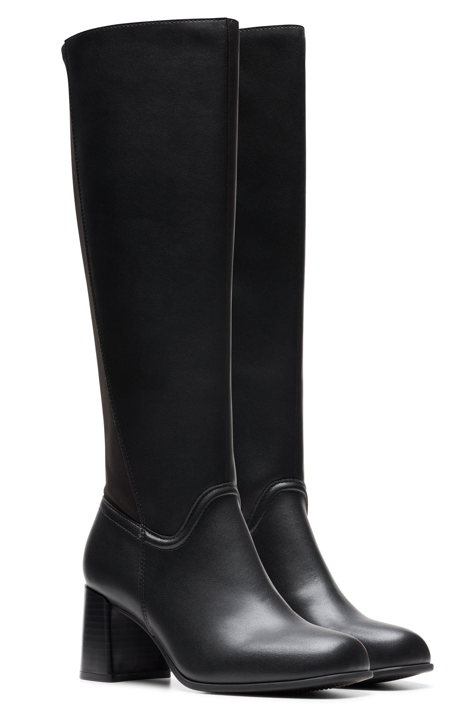 A pair of black knee high heeled boots.