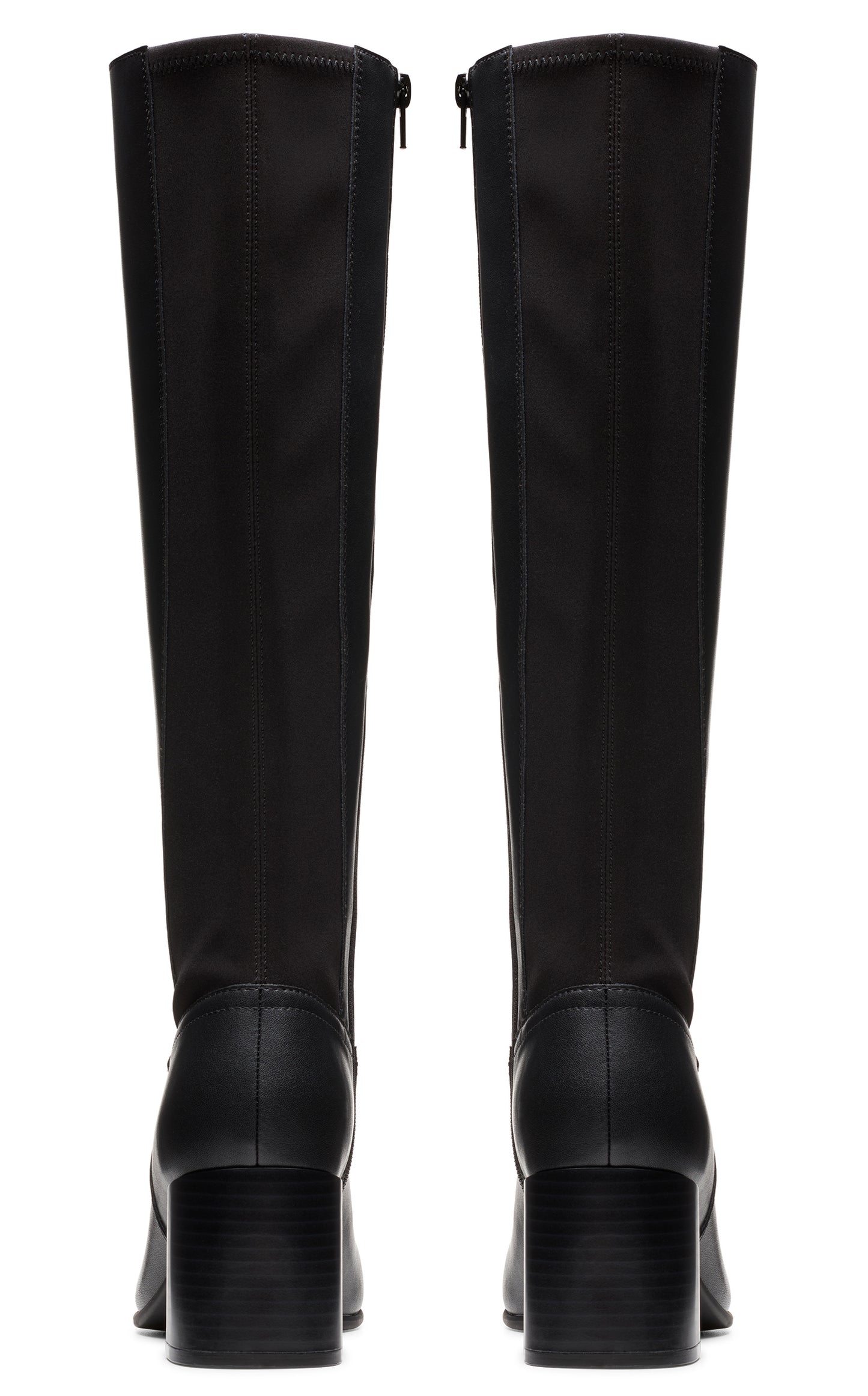 Pair of knee-high, black boots with a stacked block heel and a full length zipper at the back.