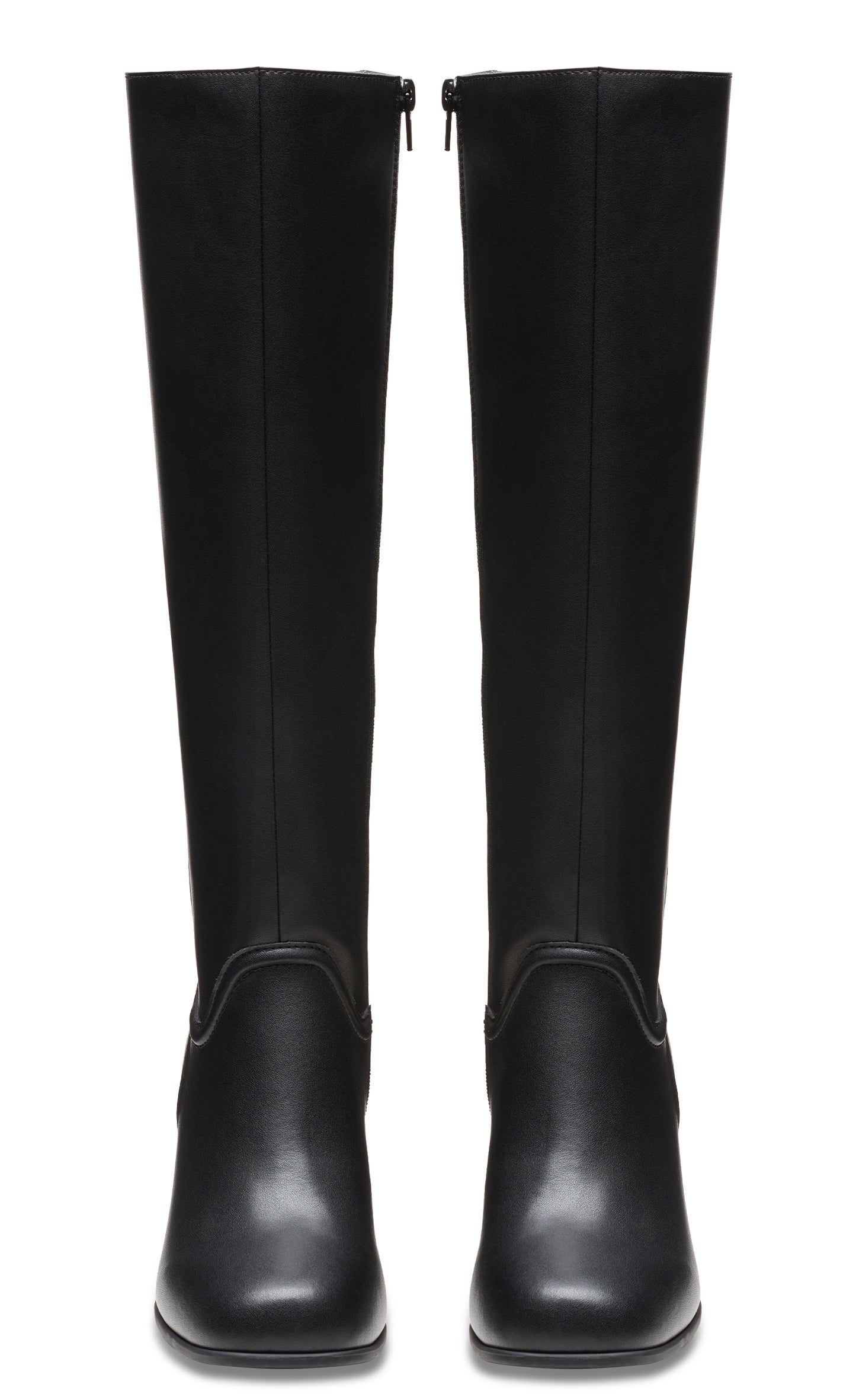 Pair of black, knee-high, heeled boots.