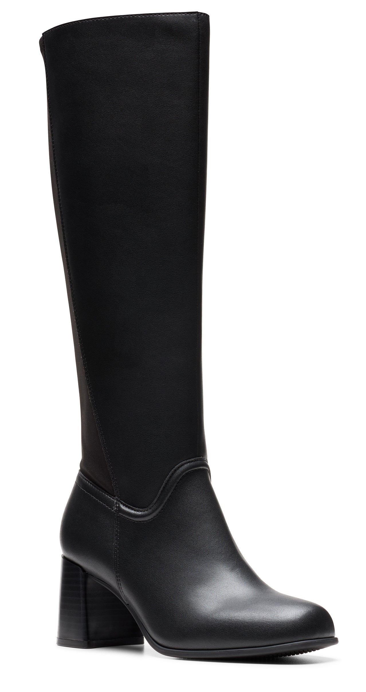Knee-high black leather boot with a block heel.
