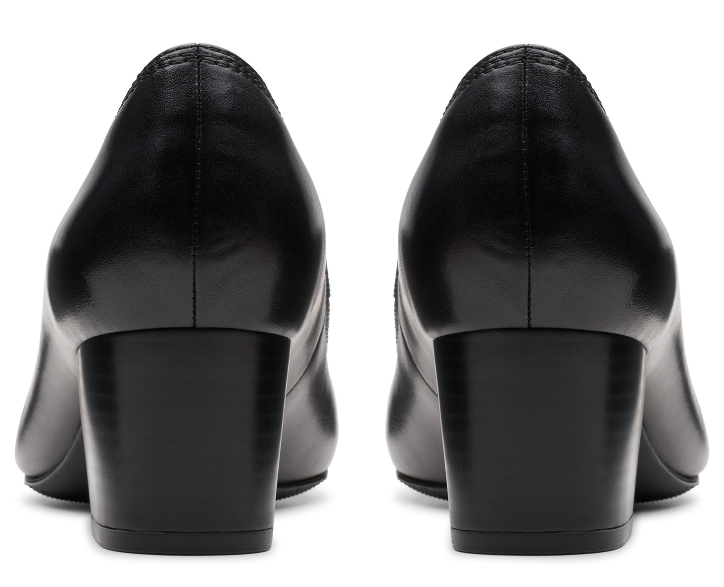 Two black women's high heels showing the back of the shoe