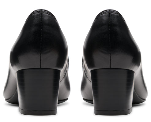 Two black women's high heels showing the back of the shoe