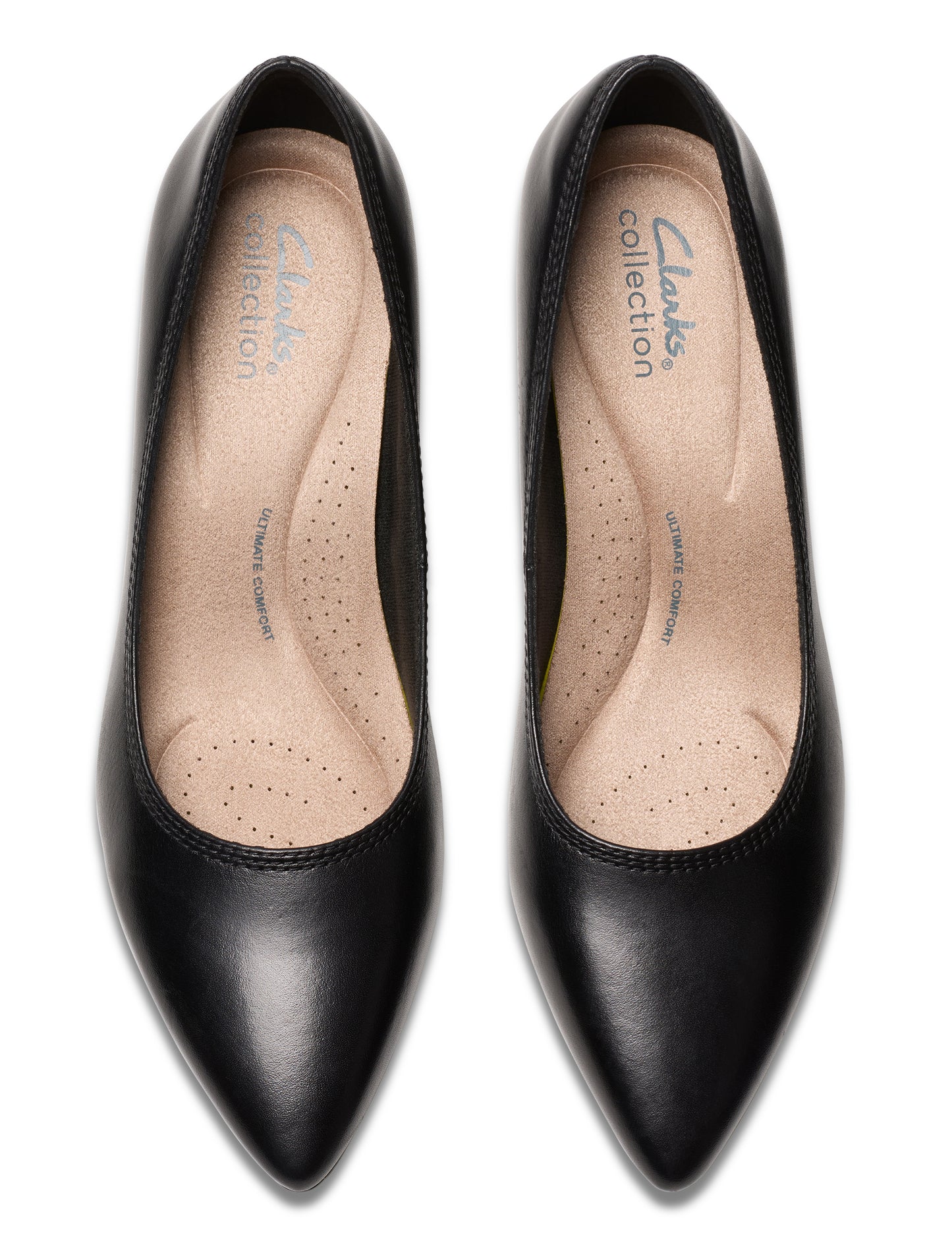 Pair of black pointed-toe dress shoes with "Clarks collection" printed on the insole.