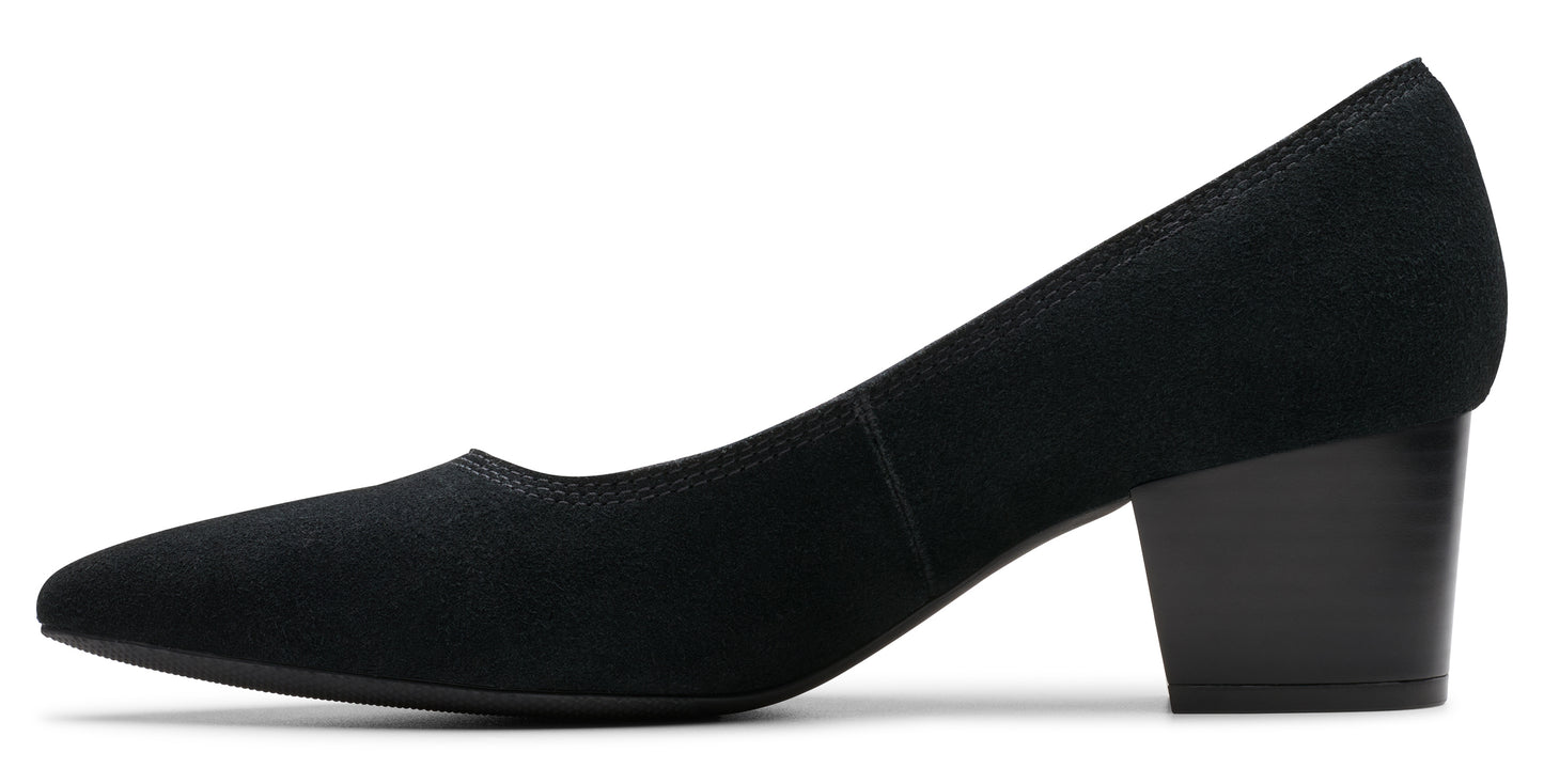 Black suede women's pump shoe with a block heel.