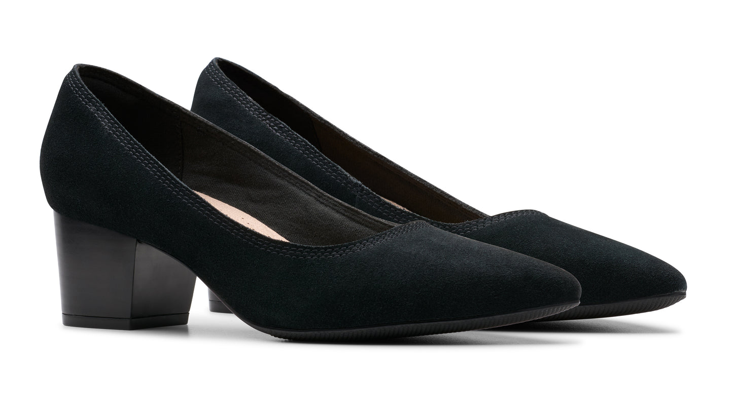 Black suede-like heeled pumps with rounded toes.