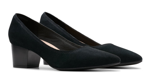 Black suede-like heeled pumps with rounded toes.