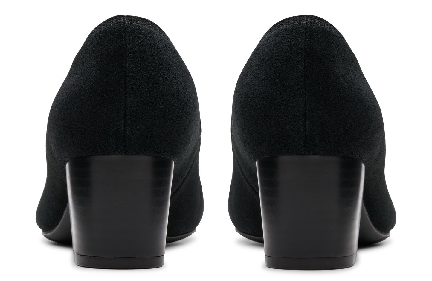 Back view of black suede heels with thick block heels.