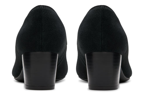 Back view of black suede heels with thick block heels.