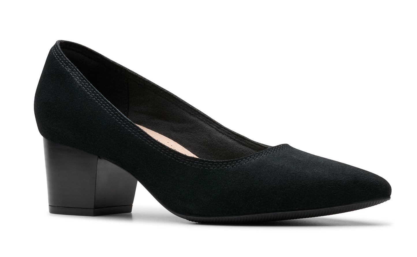 Black suede-like heeled pump with a block heel and pointed toe.