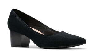 Black suede-like heeled pump with a block heel and pointed toe.
