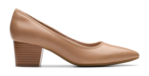 Tan leather heel with a 2-inch block heel.