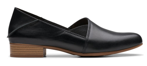 A black leather loafer with a low block heel.