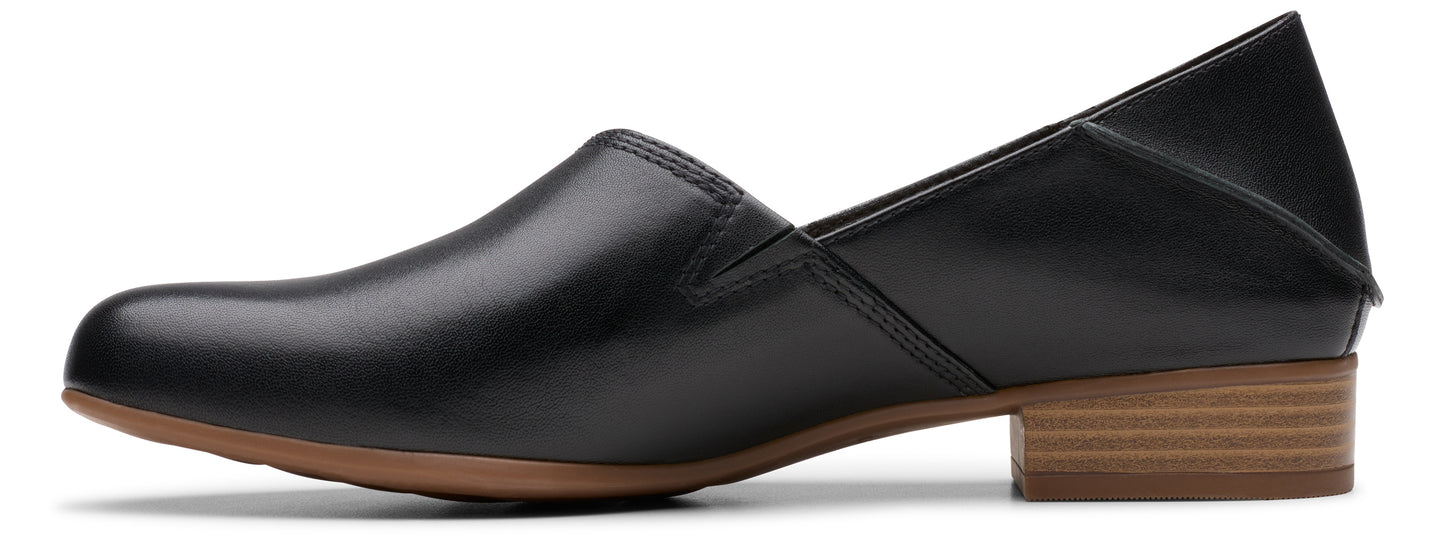 Black leather loafer with a low block heel.
