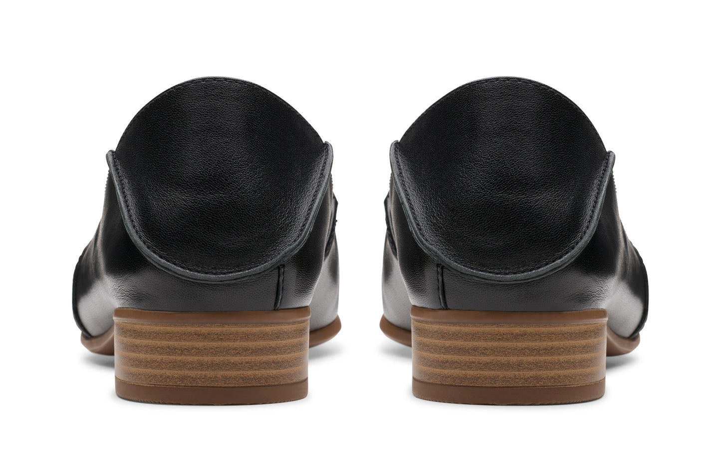 Pair of low-heeled, black leather loafers.