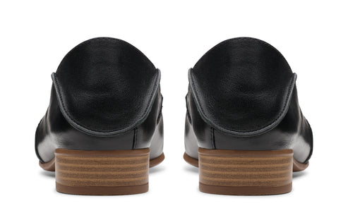 Pair of low-heeled, black leather loafers.