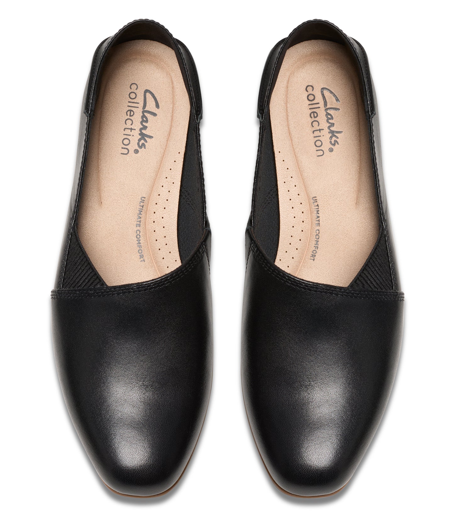 Pair of black leather ballet flats, top view. 'Clarks collection' logo on the inner sole.