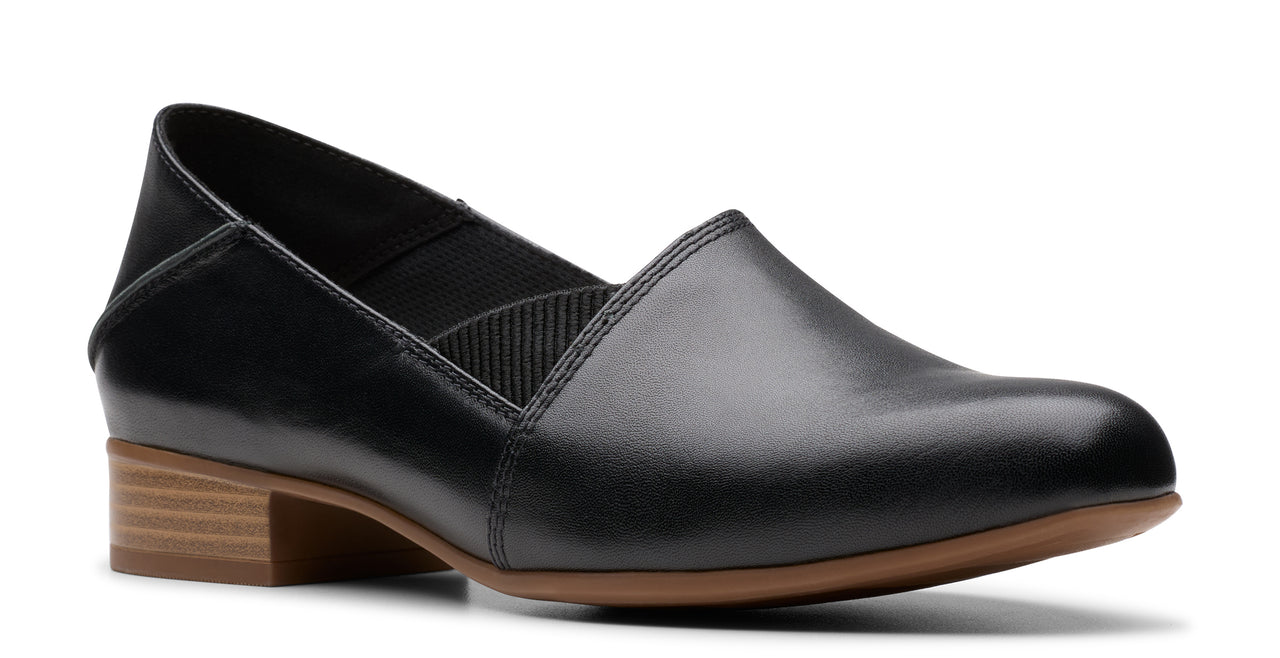 Black leather loafer with a low block heel.