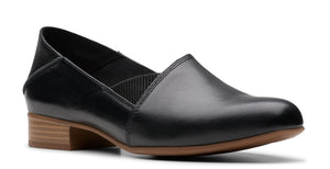 Black leather loafer with a low block heel.