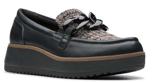 Black leather platform loafer with chain accent.